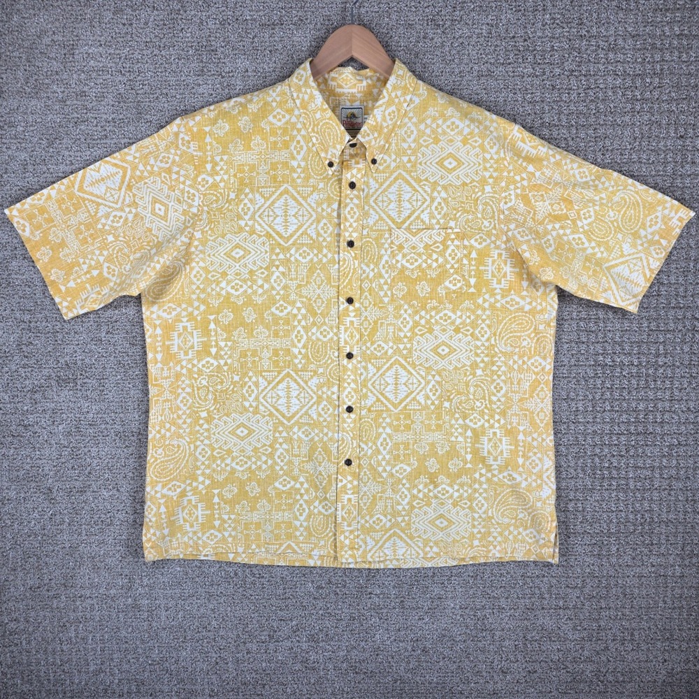 Surf Pendleton‎ Reyn Spooner Mens XXL Yellow Geometric Aloha Button Down Shirt